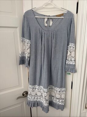 Blue Pinstripe Long-Sleeve Dress with White Lace Trim